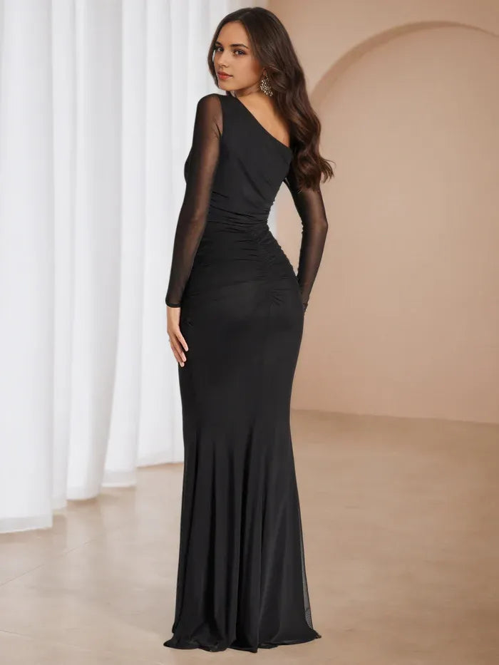Black One - Shoulder Prom Dress Sheer Sleeve Ruched Design for Memorable