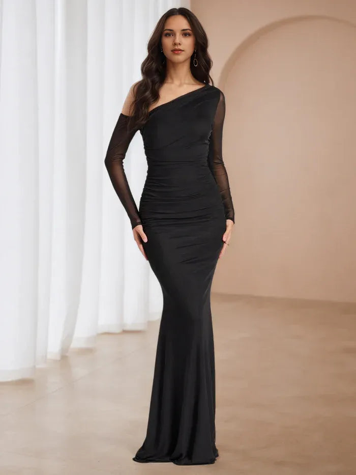 Black One - Shoulder Prom Dress Sheer Sleeve Ruched Design for Memorable