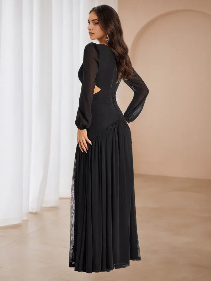 Black Prom Dresses Plunge Neckline Sheer Sleeves Side Cutouts for Elegant Galas