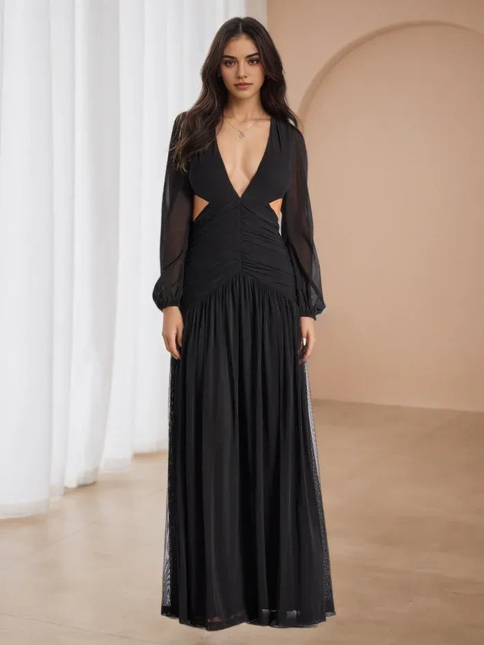 Black Prom Dresses Plunge Neckline Sheer Sleeves Side Cutouts for Elegant Galas