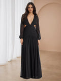 Black Prom Dresses Plunge Neckline Sheer Sleeves Side Cutouts for Elegant Galas