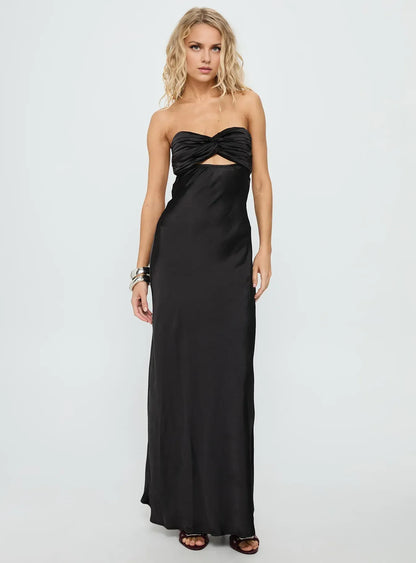 Refined Beautiful Timeless Chic Elegant Black Satin Strapless Backless Floor-Length Prom Dress