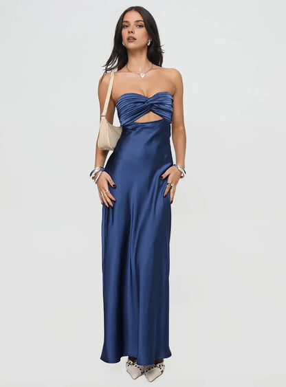 Refined Beautiful Timeless Chic Elegant Black Satin Strapless Backless Floor-Length Prom Dress