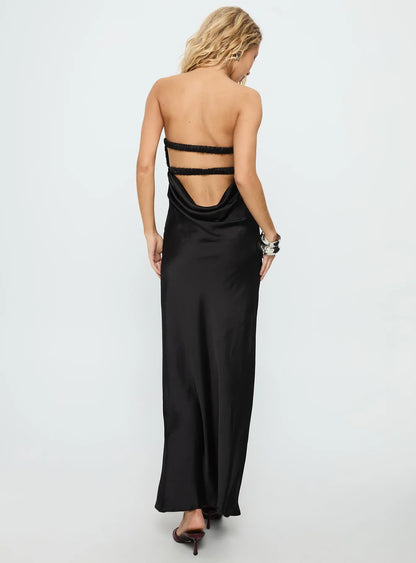 Refined Beautiful Timeless Chic Elegant Black Satin Strapless Backless Floor-Length Prom Dress