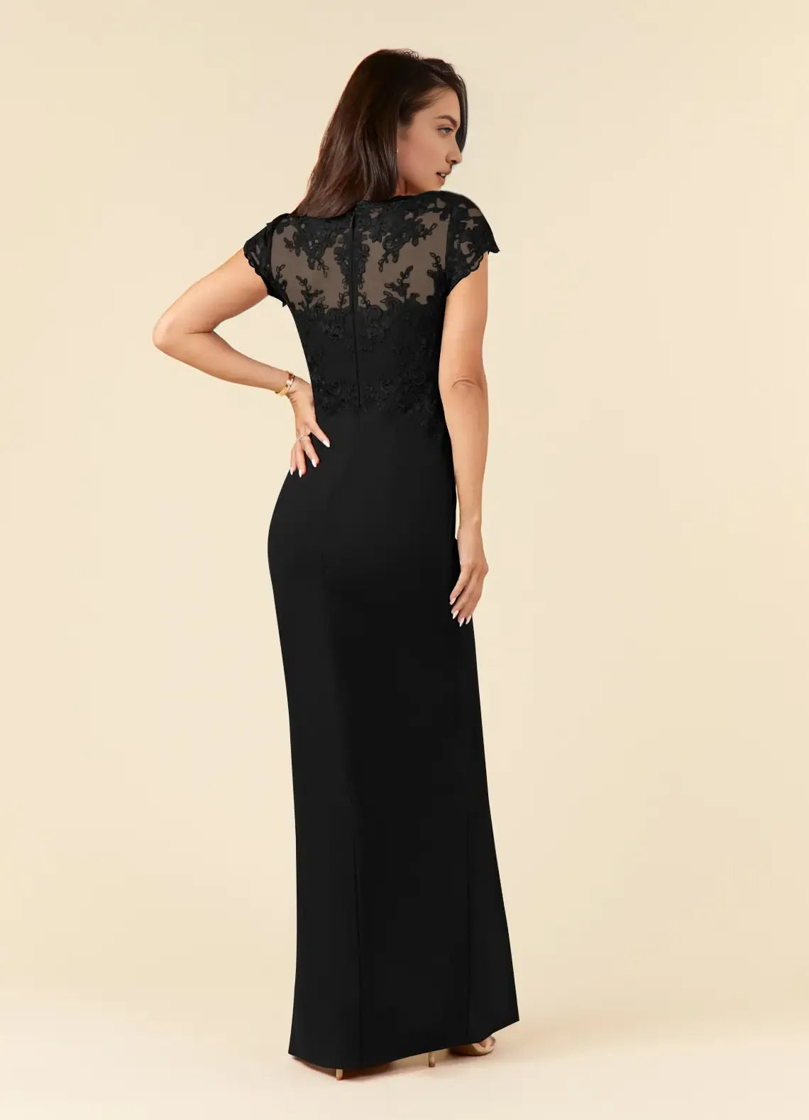Black Sheath Mother of the Bride Dresses Sheer Cap Sleeves Plunging V Neck Intricate Embroidery Ruffled Side Slit