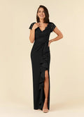 Black Sheath Mother of the Bride Dresses Sheer Cap Sleeves Plunging V Neck Intricate Embroidery Ruffled Side Slit