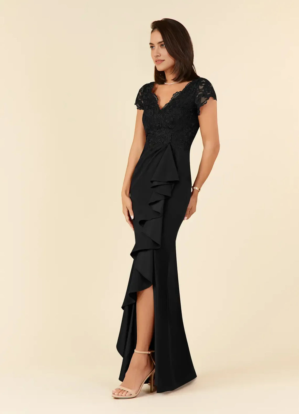 Black Sheath Mother of the Bride Dresses Sheer Cap Sleeves Plunging V Neck Intricate Embroidery Ruffled Side Slit
