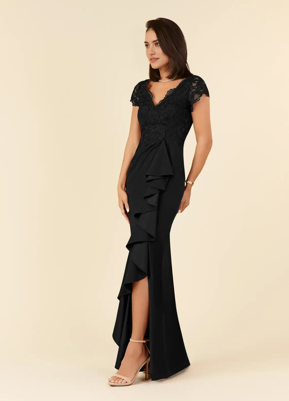 Black Sheath Mother of the Bride Dresses Sheer Cap Sleeves Plunging V Neck Intricate Embroidery Ruffled Side Slit