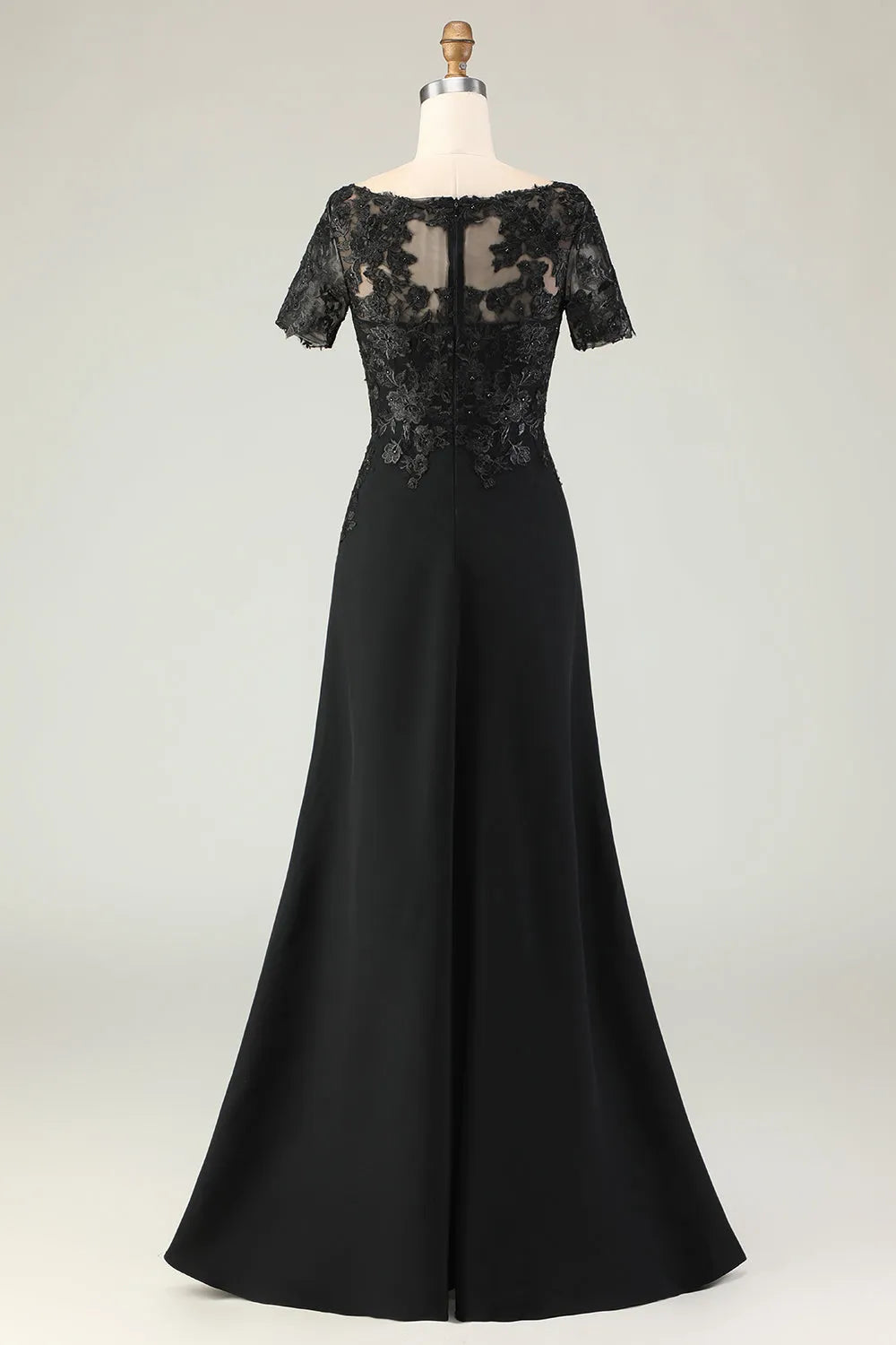 Black Sheath Scoop Neck Short Sleeve Zipper Back Floor-Length Mother of the Bride Dresses with Appliqued