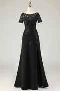 Black Sheath Scoop Neck Short Sleeve Zipper Back Floor-Length Mother of the Bride Dresses with Appliqued