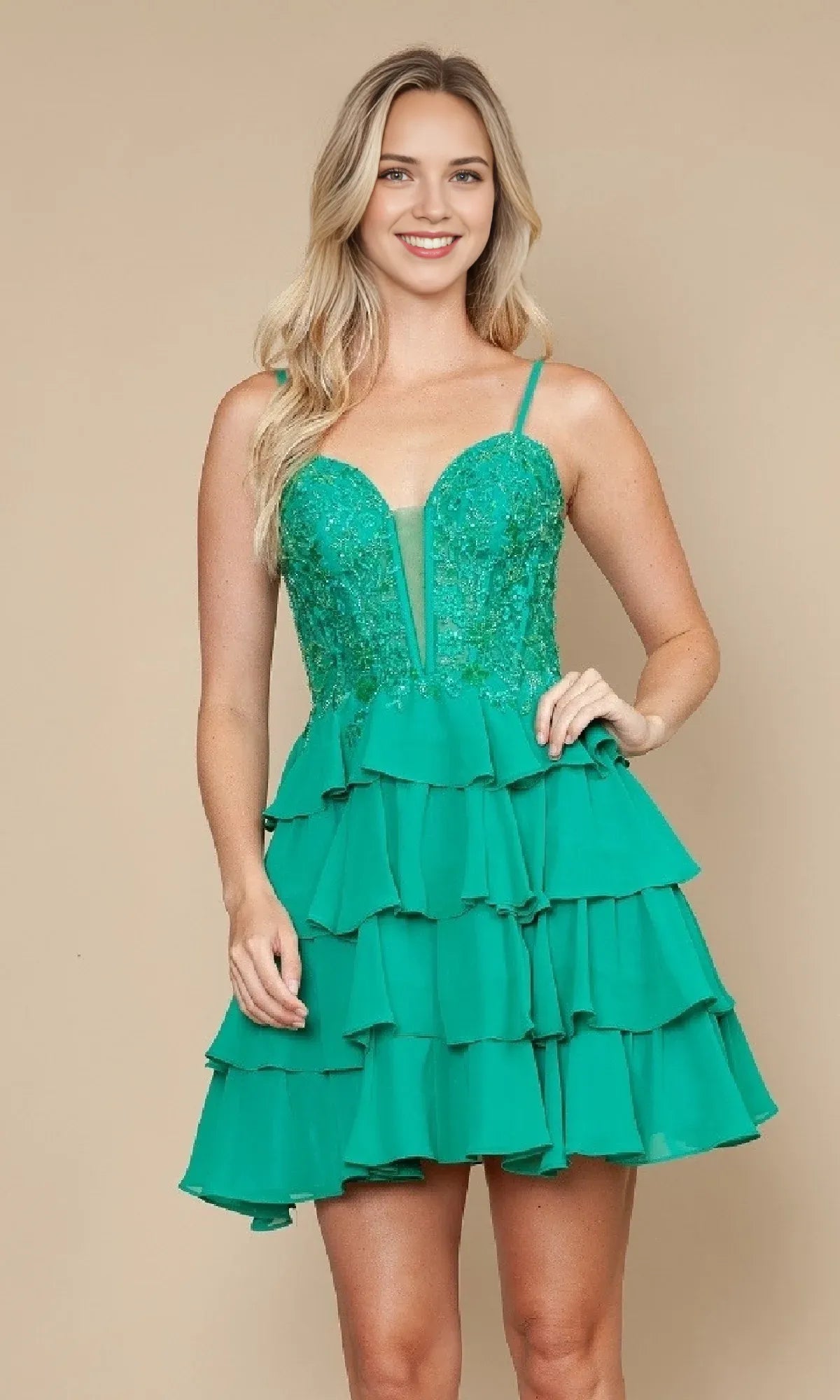 Blue Dress Bodice Tiered Skirt Spaghetti Straps for Homecoming Events