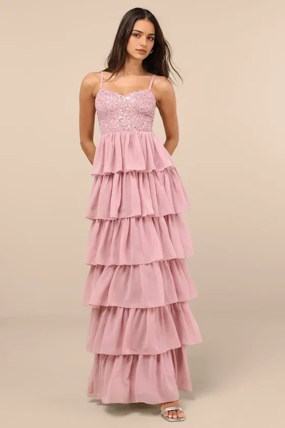 Blush Pink Prom Dress Spaghetti Straps Detailed Sweetheart Bodice and Tiered Ruffle Skirt for a Stunning Look