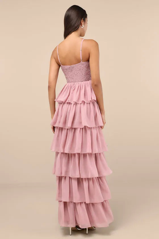Blush Pink Prom Dress Spaghetti Straps Detailed Sweetheart Bodice and Tiered Ruffle Skirt for a Stunning Look