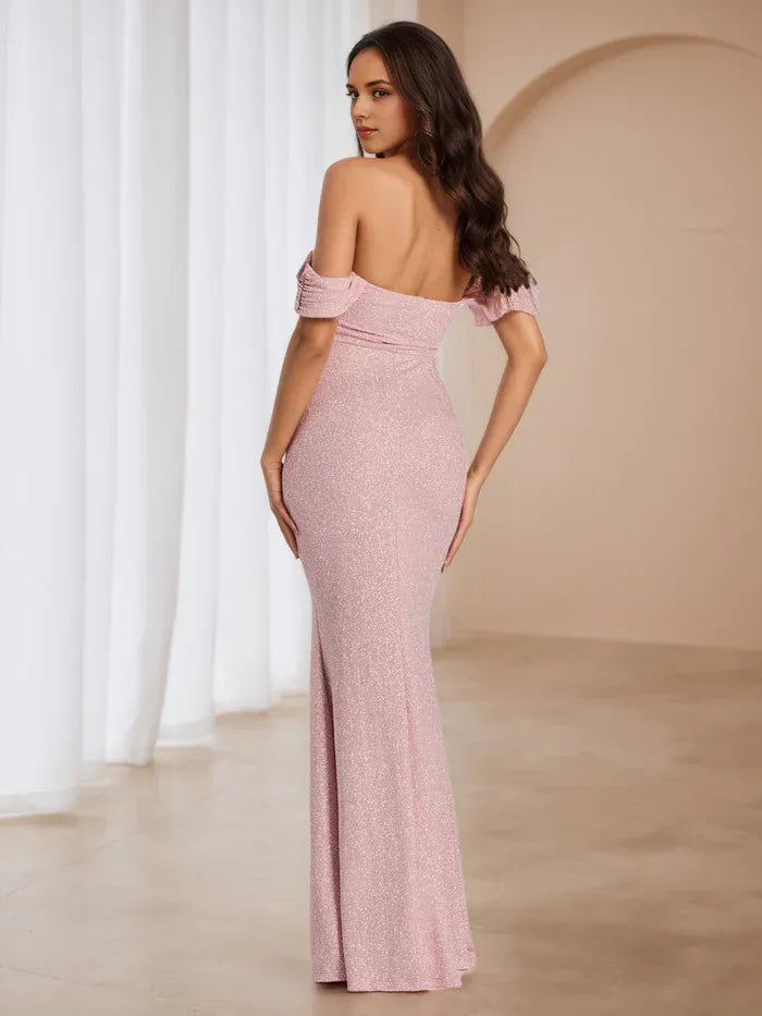Blush Pink Glitter Prom Dress Off - Shoulder Neckline Ruched Bust Side Slit for Glamorous Galas