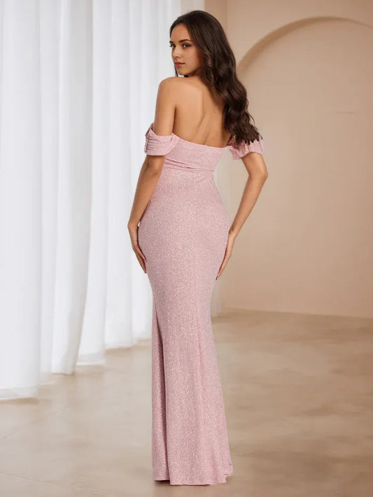 Chic Pink Slit A-Line Classic-Neck Classic-Sleeve Classic-Back Floor-Length Prom Dress