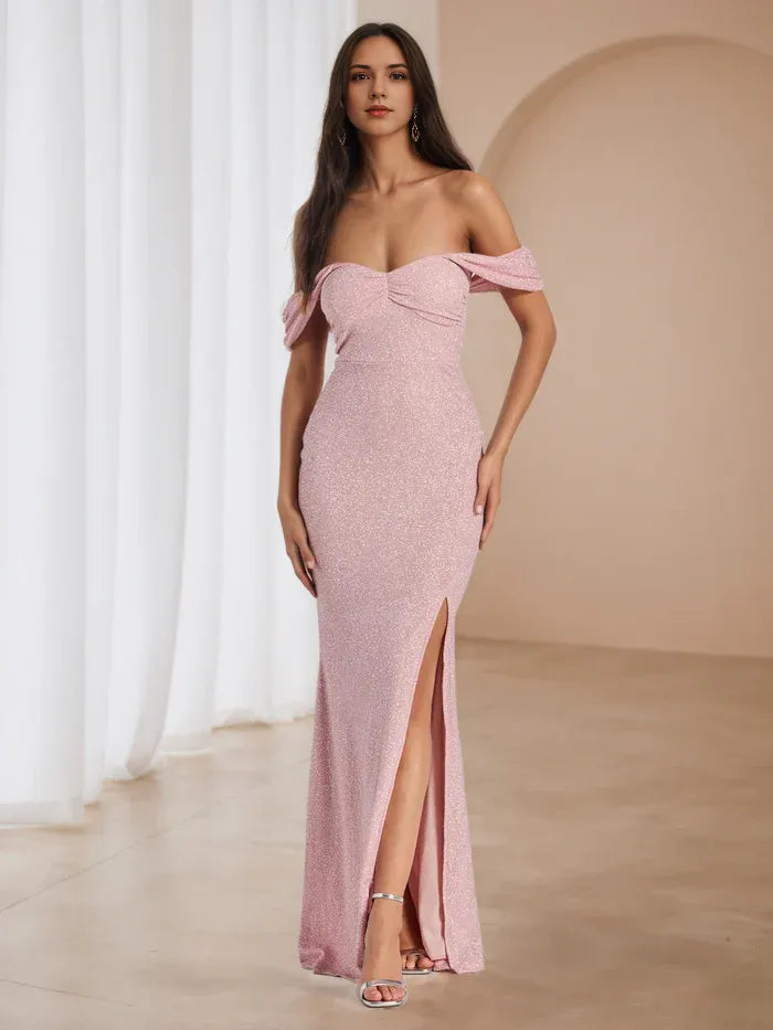 Blush Pink Glitter Prom Dress Off - Shoulder Neckline Ruched Bust Side Slit for Glamorous Galas
