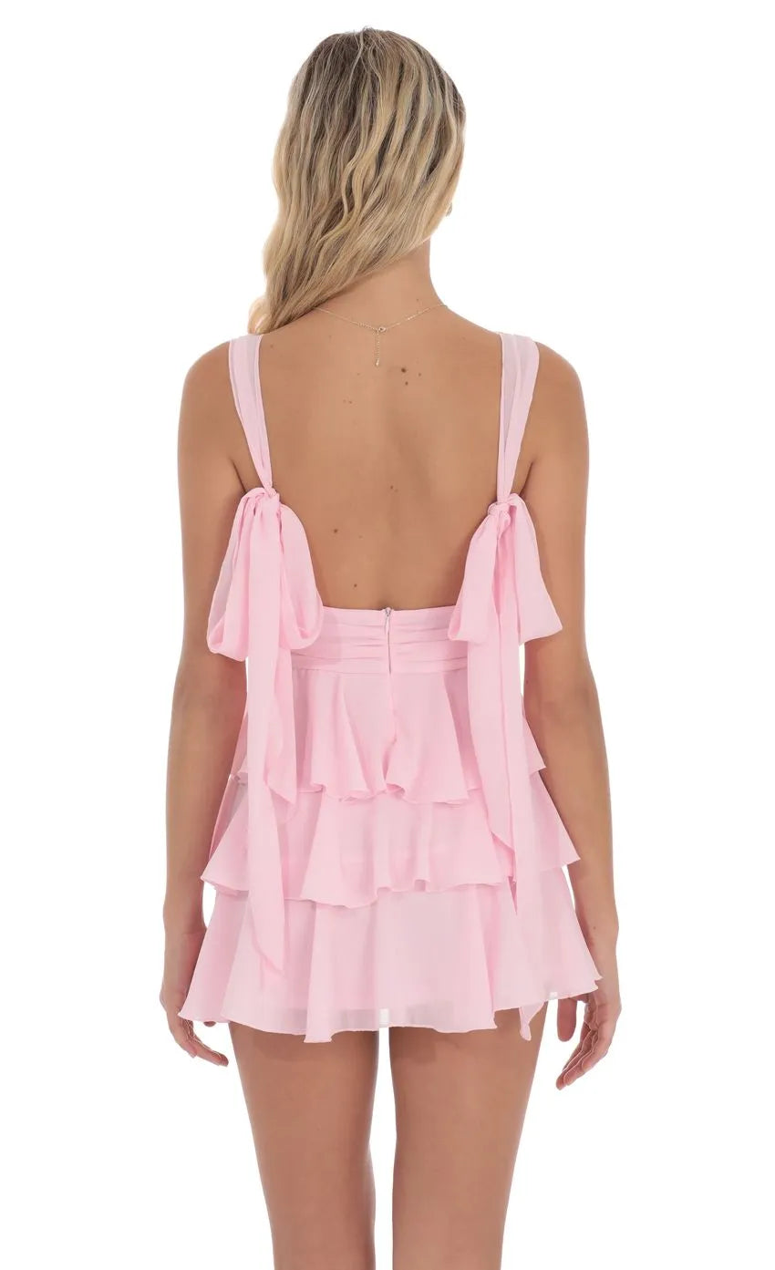 Blush Pink Homecoming Dress Plunging V - Neck Tiered Ruffle Skirt Back Tie and Romantic Flair for Sophisticated Events