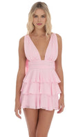 Blush Pink Homecoming Dress Plunging V - Neck Tiered Ruffle Skirt Back Tie and Romantic Flair for Sophisticated Events