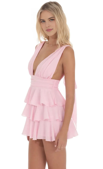 Chic Pink Ruffled A-Line V-Neck Classic-Sleeve Classic-Back Floor-Length Homecoming Dress