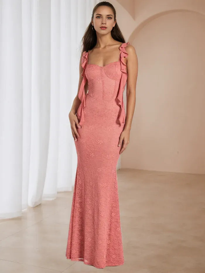 Blush Pink Prom Dress Ruffled Spaghetti Straps Sweetheart Neckline Detailing for Glamorous Galas