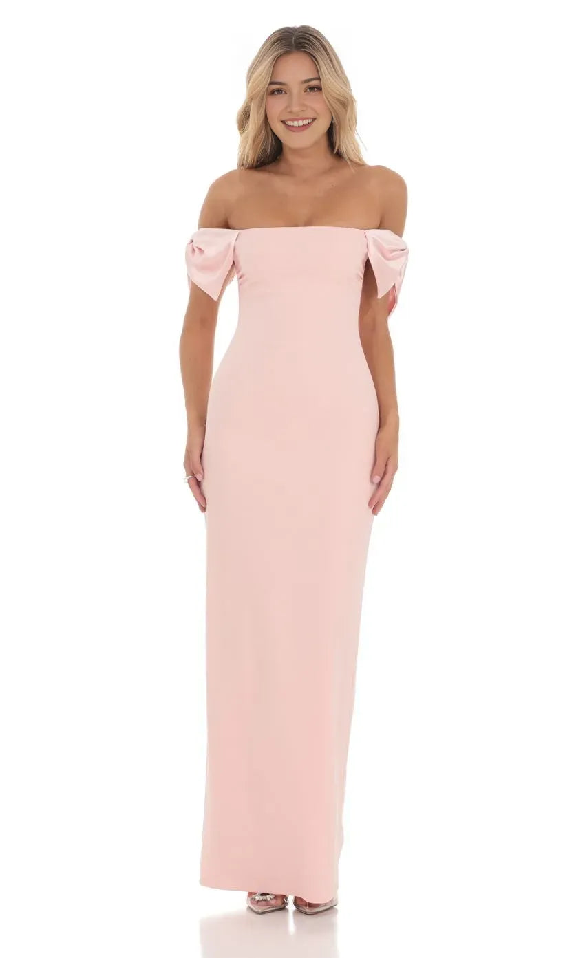Blush Pink Off Shoulder Prom Dress with Bow Sleeves Bodycon Silhouette Perfect for Glamorous Nights