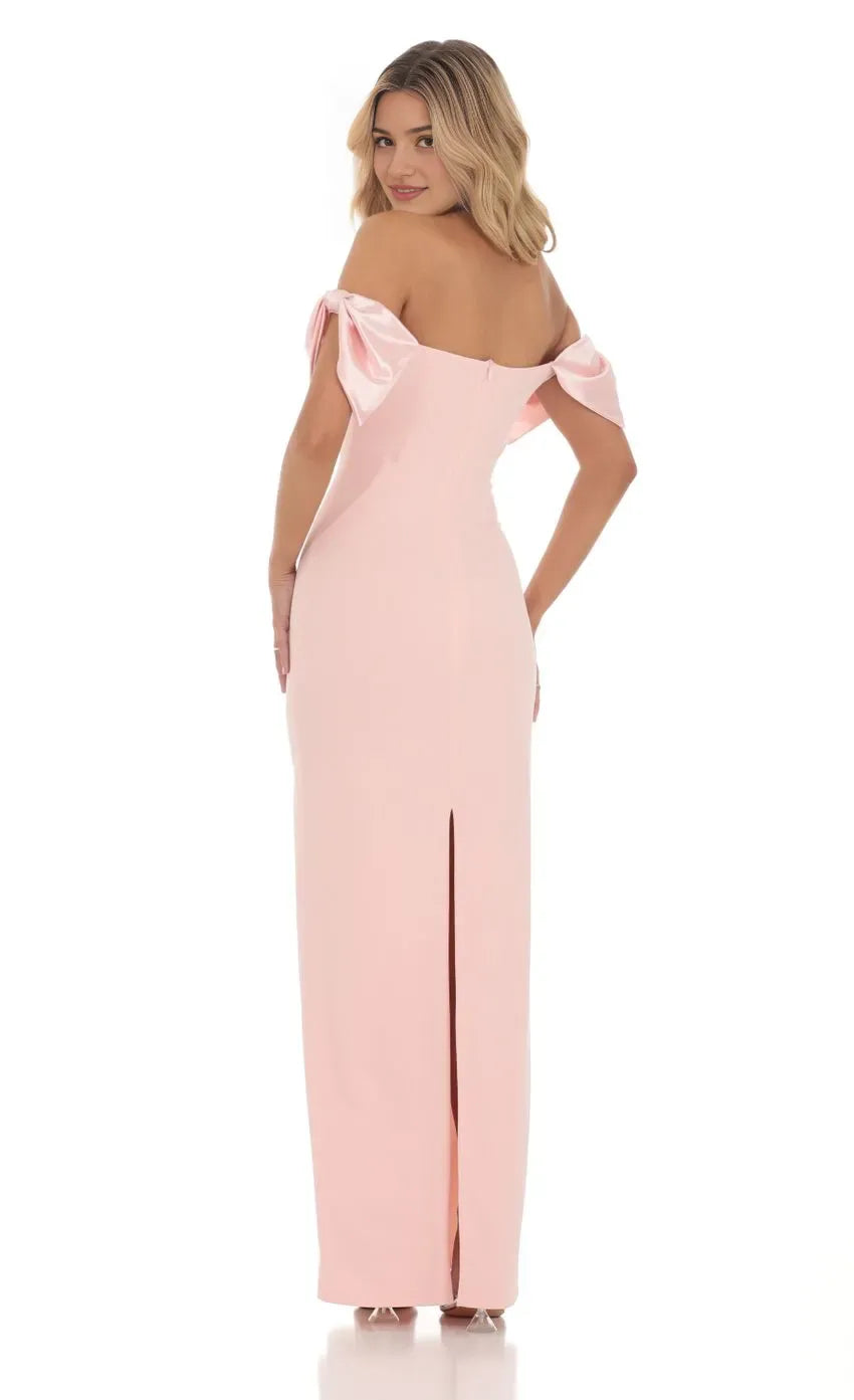 Blush Pink Off Shoulder Prom Dress with Bow Sleeves Bodycon Silhouette Perfect for Glamorous Nights