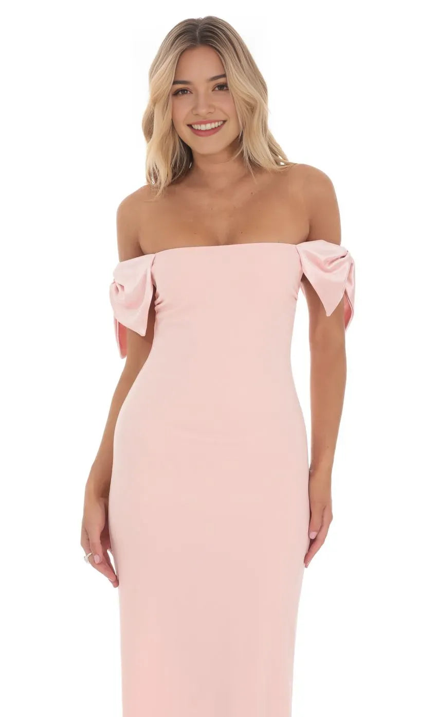 Blush Pink Off Shoulder Prom Dress with Bow Sleeves Bodycon Silhouette Perfect for Glamorous Nights