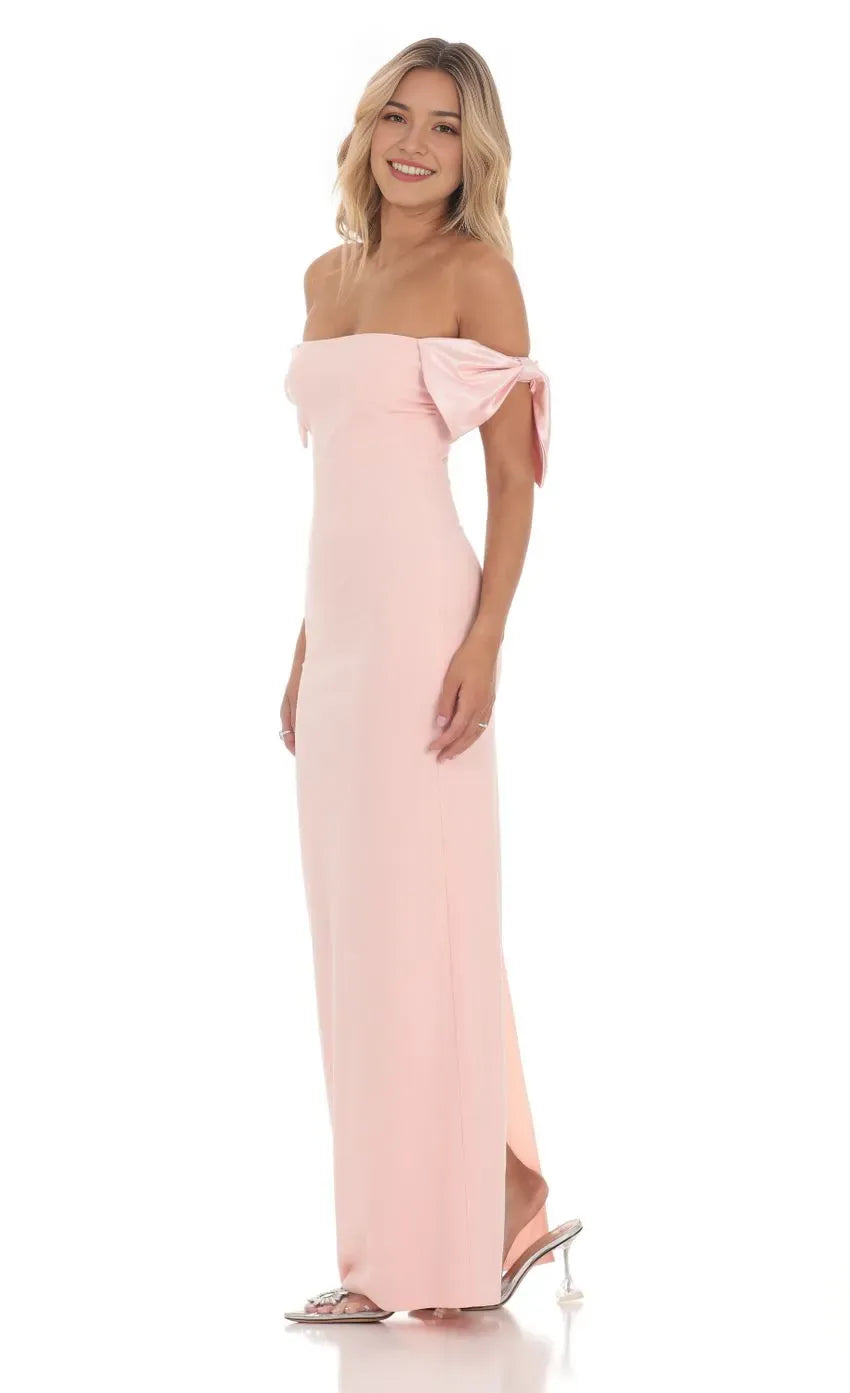 Blush Pink Off Shoulder Prom Dress with Bow Sleeves Bodycon Silhouette Perfect for Glamorous Nights