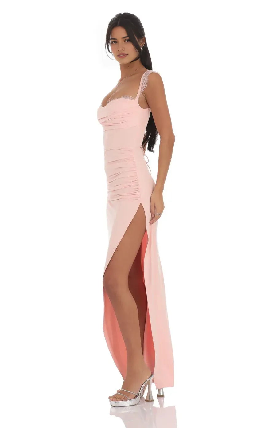 Blush Pink Prom Dress with Accents Ruched Bodice and Side Slit Ideal for Sophisticated Prom Celebrations