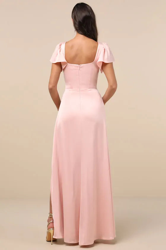 Blush Pink Evening Dress with Square Neck Flutter Sleeves Subtle Slit Understated Luxury Events
