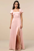 Blush Pink Evening Dress with Square Neck Flutter Sleeves Subtle Slit Understated Luxury Events