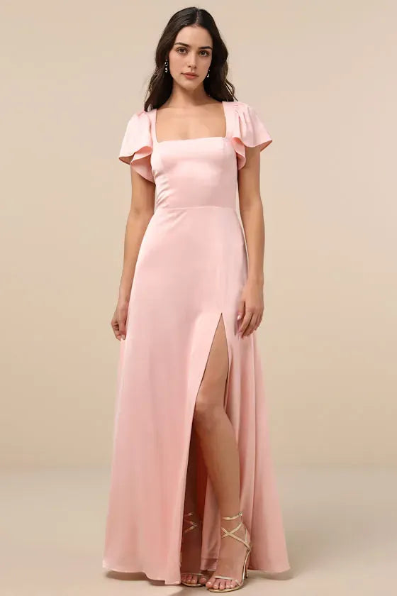 Blush Pink Evening Dress with Square Neck Flutter Sleeves Subtle Slit Understated Luxury Events