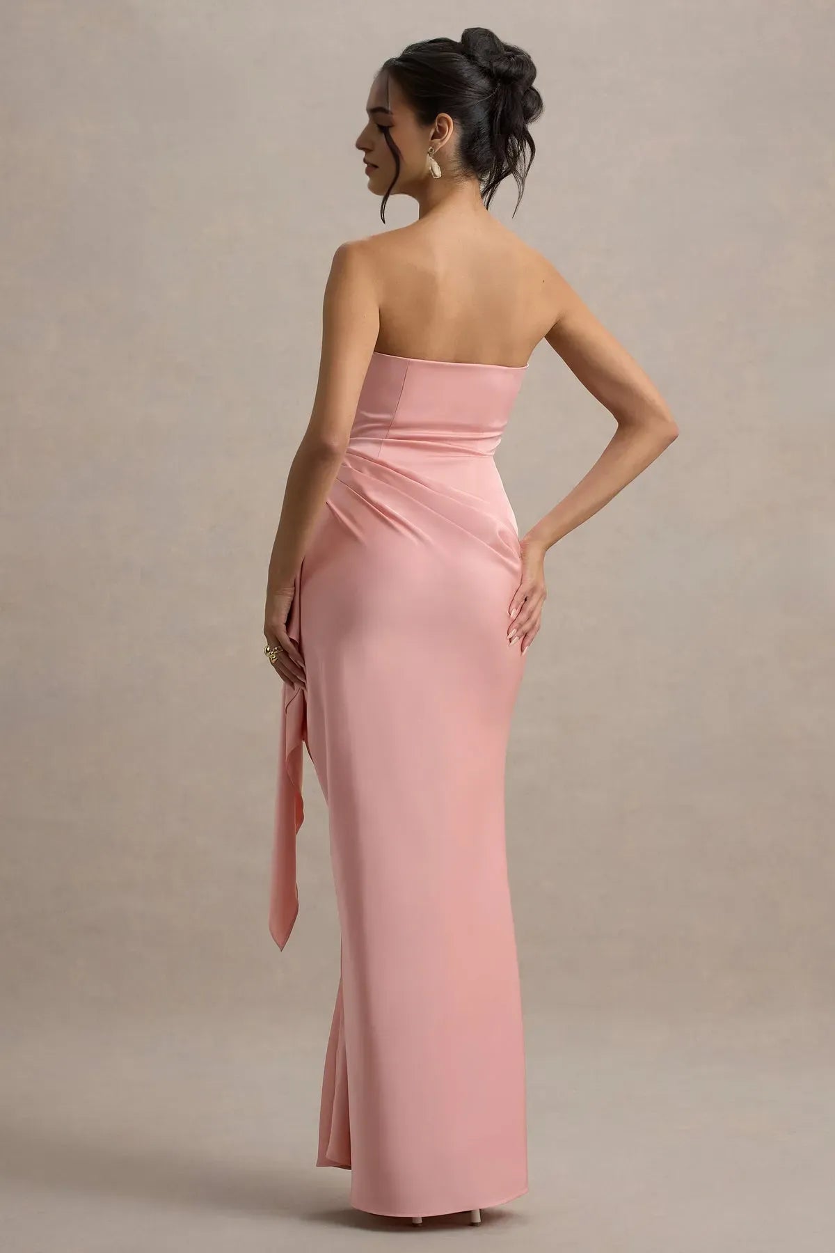 Blush Pink Strapless Prom Dresses Fabric Draped Bow Accent and Flattering Fit for Evening Glamour