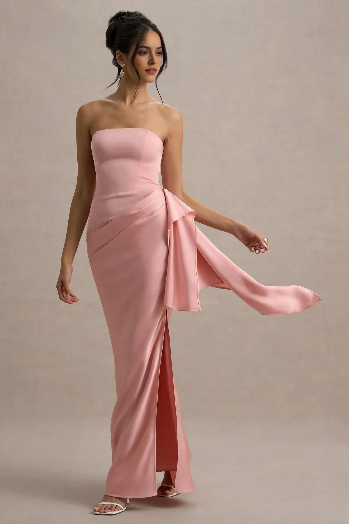 Blush Pink Strapless Prom Dresses Fabric Draped Bow Accent and Flattering Fit for Evening Glamour