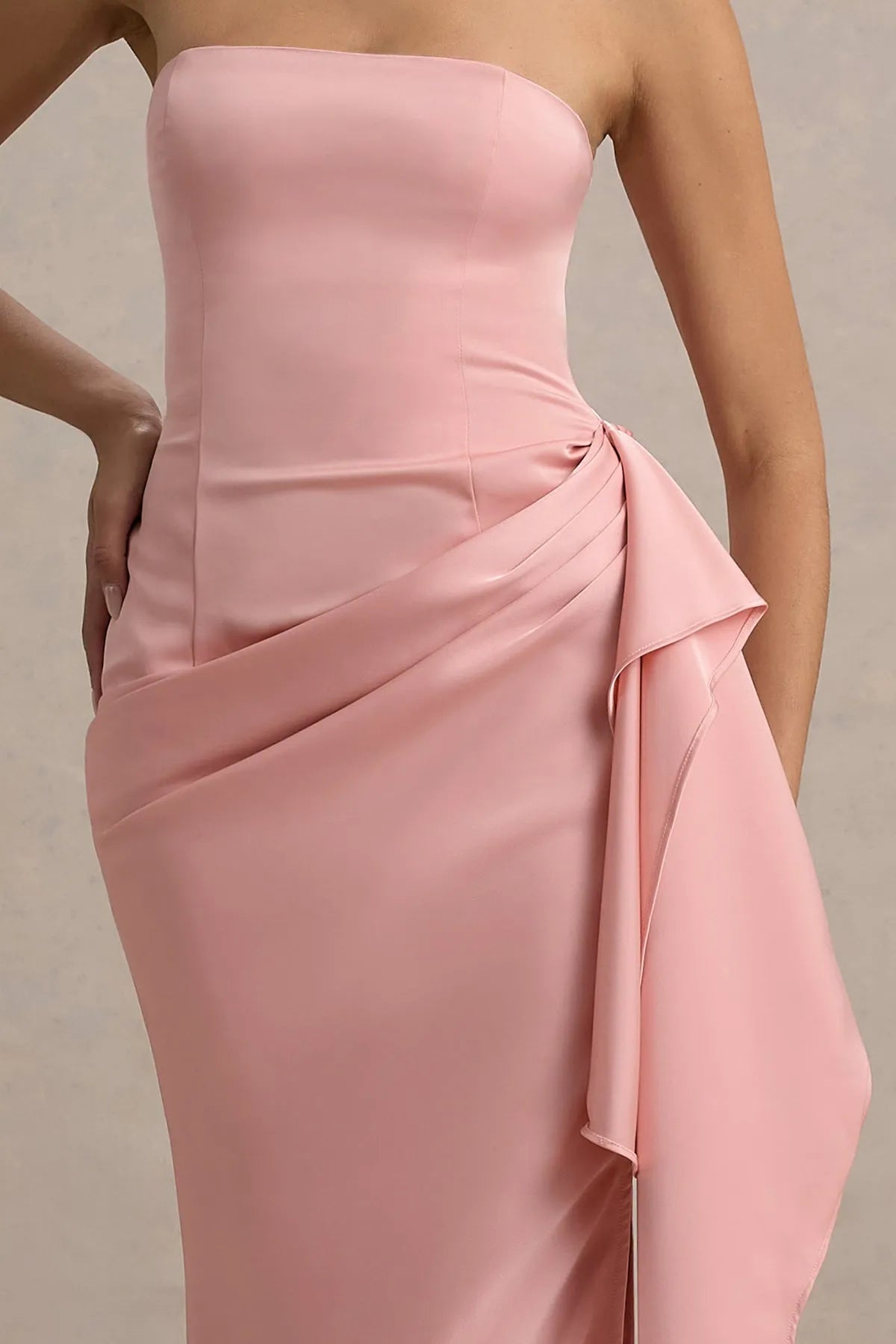 Blush Pink Strapless Prom Dresses Fabric Draped Bow Accent and Flattering Fit for Evening Glamour