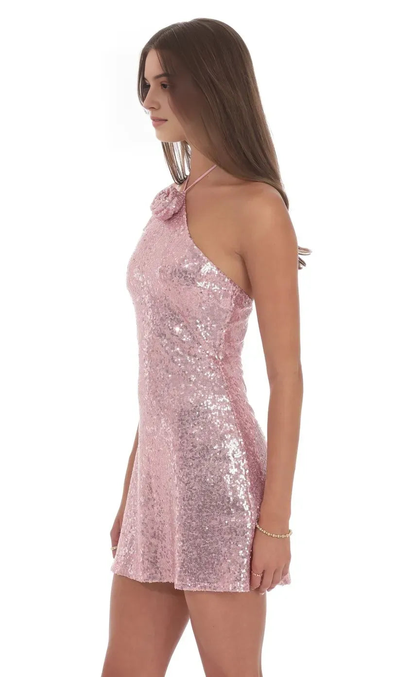 Blush Halter Homecoming Dresses Intricate Rose Brooch All Over Sparkle Ideal for Elevated