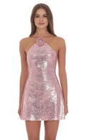 Blush Halter Homecoming Dresses Intricate Rose Brooch All Over Sparkle Ideal for Elevated