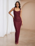 Burgundy Glitter Prom Dress Cowl Neckline Wide Straps All - Over Sparkle for Glamorous Galas