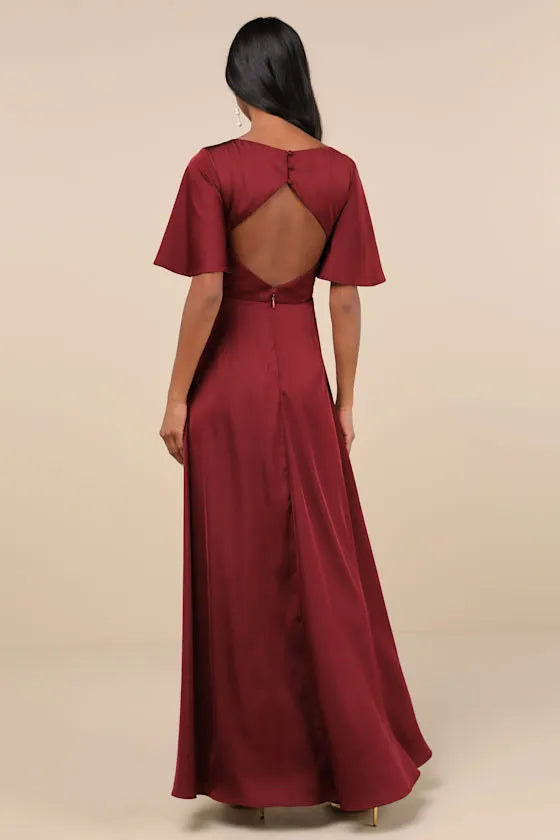 Burgundy Evening Dress with Deep V - Neck Flutter Sleeves Side Slit A Bold Choice for Trendy Urban Soir¨¦es