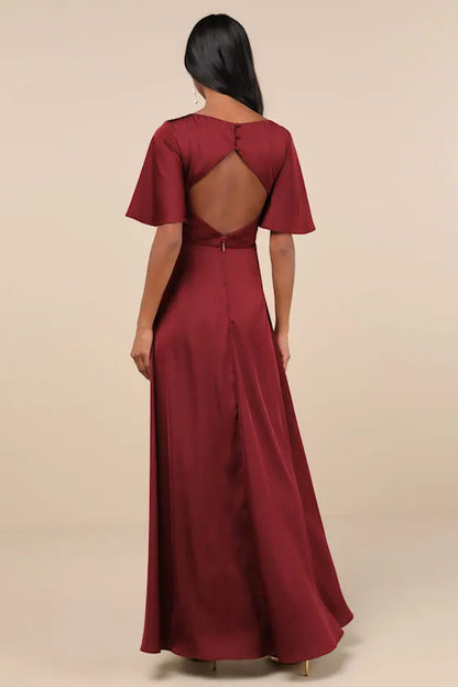 Luxurious Burgundy Slit A-Line V-Neck Classic-Sleeve Classic-Back Floor-Length Evening Dress