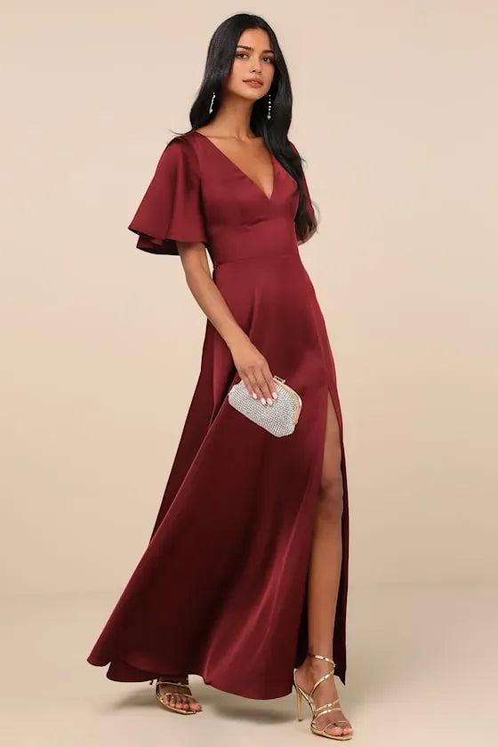 Burgundy Evening Dress with Deep V - Neck Flutter Sleeves Side Slit A Bold Choice for Trendy Urban Soir¨¦es