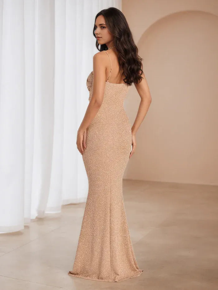 Champagne Glitter Prom Dress Square Neckline Ruched Bodice Mermaid Silhouette
