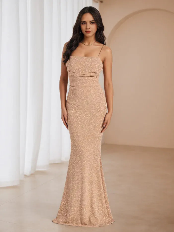 Champagne Glitter Prom Dress Square Neckline Ruched Bodice Mermaid Silhouette