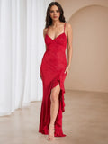 Crimson Glitter Prom Dress Plunging V - Neck Spaghetti Straps Ruffled Detail for Glamorous Galas