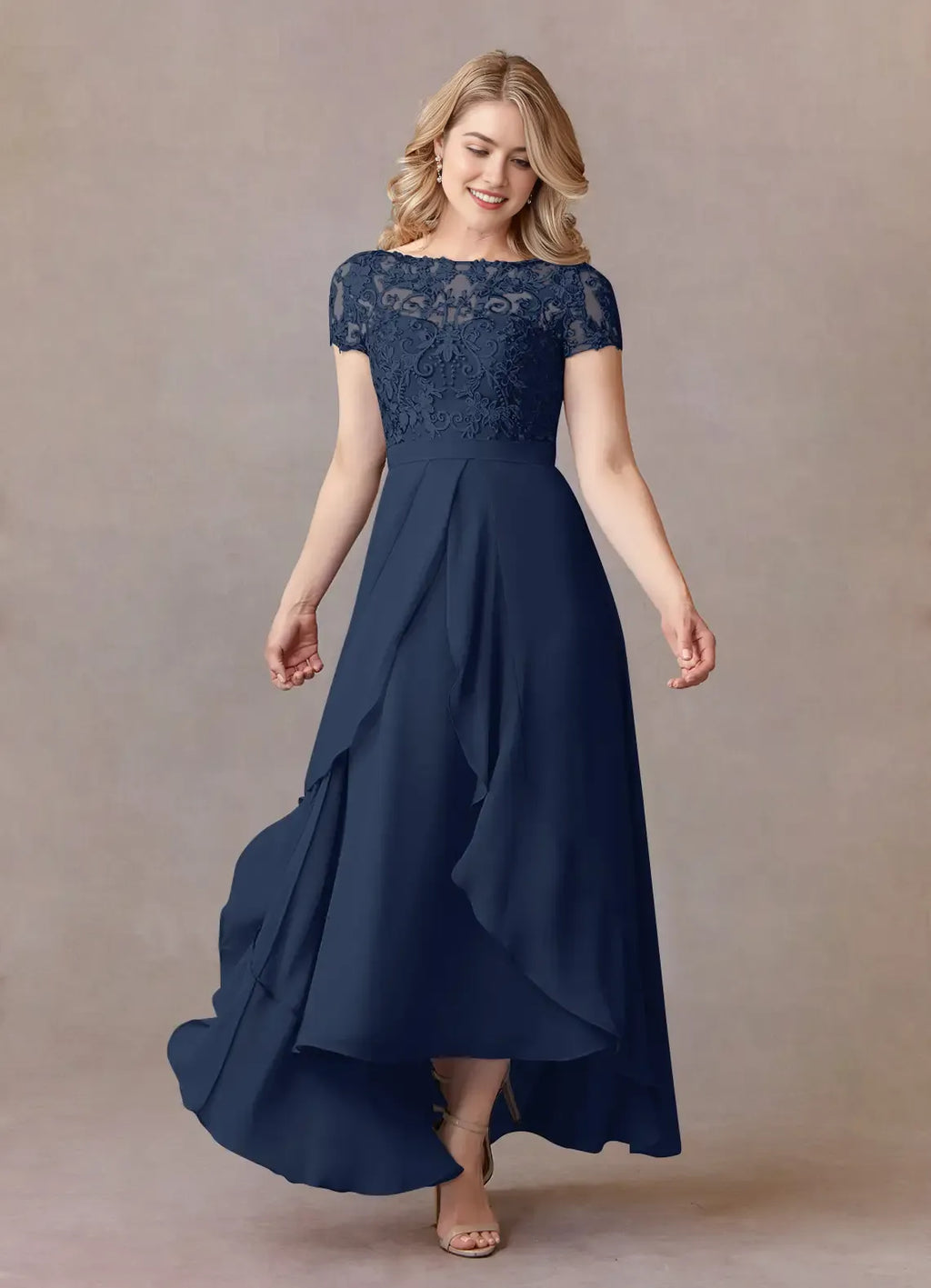Navy Dark A-Line Mother of the Bride Dresses Sheer Overlay Cap Sleeves Intricate Embroidery Draped High - Low Hemline