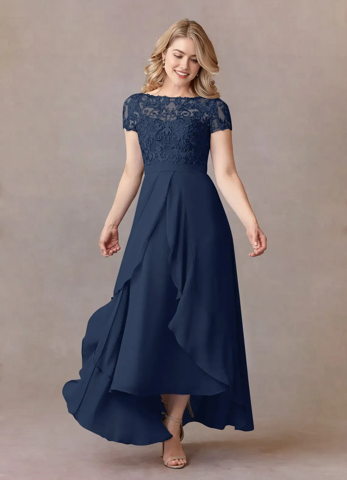 Navy Dark A-Line Mother of the Bride Dresses Sheer Overlay Cap Sleeves Intricate Embroidery Draped High - Low Hemline