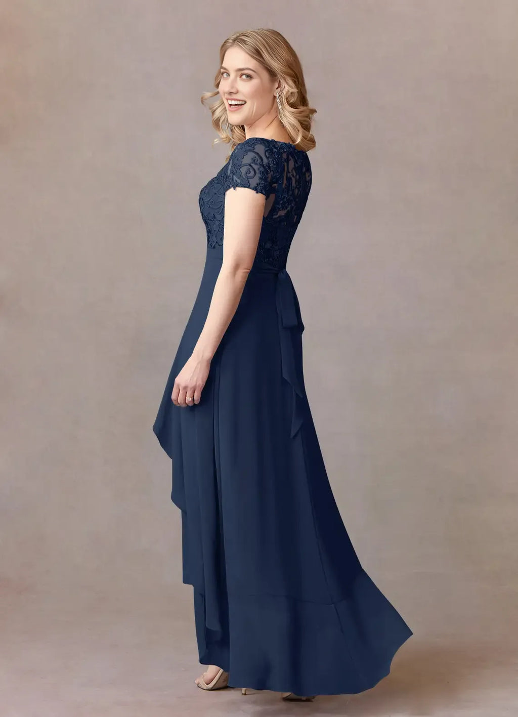 Navy Dark A-Line Mother of the Bride Dresses Sheer Overlay Cap Sleeves Intricate Embroidery Draped High - Low Hemline