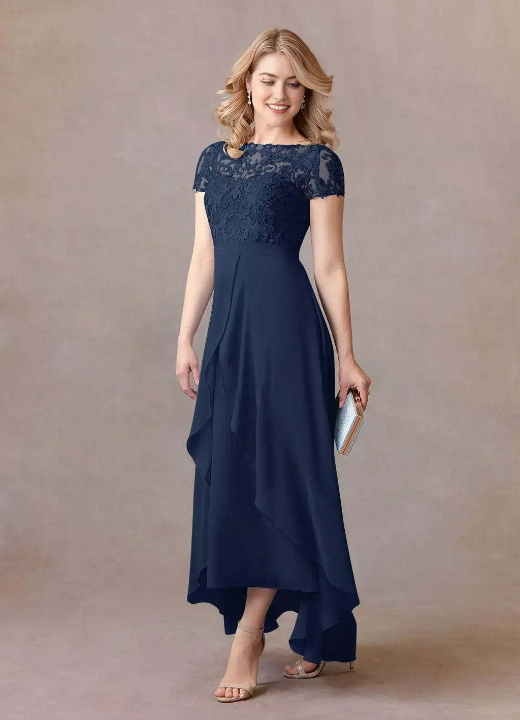 Navy Dark A-Line Mother of the Bride Dresses Sheer Overlay Cap Sleeves Intricate Embroidery Draped High - Low Hemline
