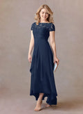 Navy Dark A-Line Mother of the Bride Dresses Sheer Overlay Cap Sleeves Intricate Embroidery Draped High - Low Hemline