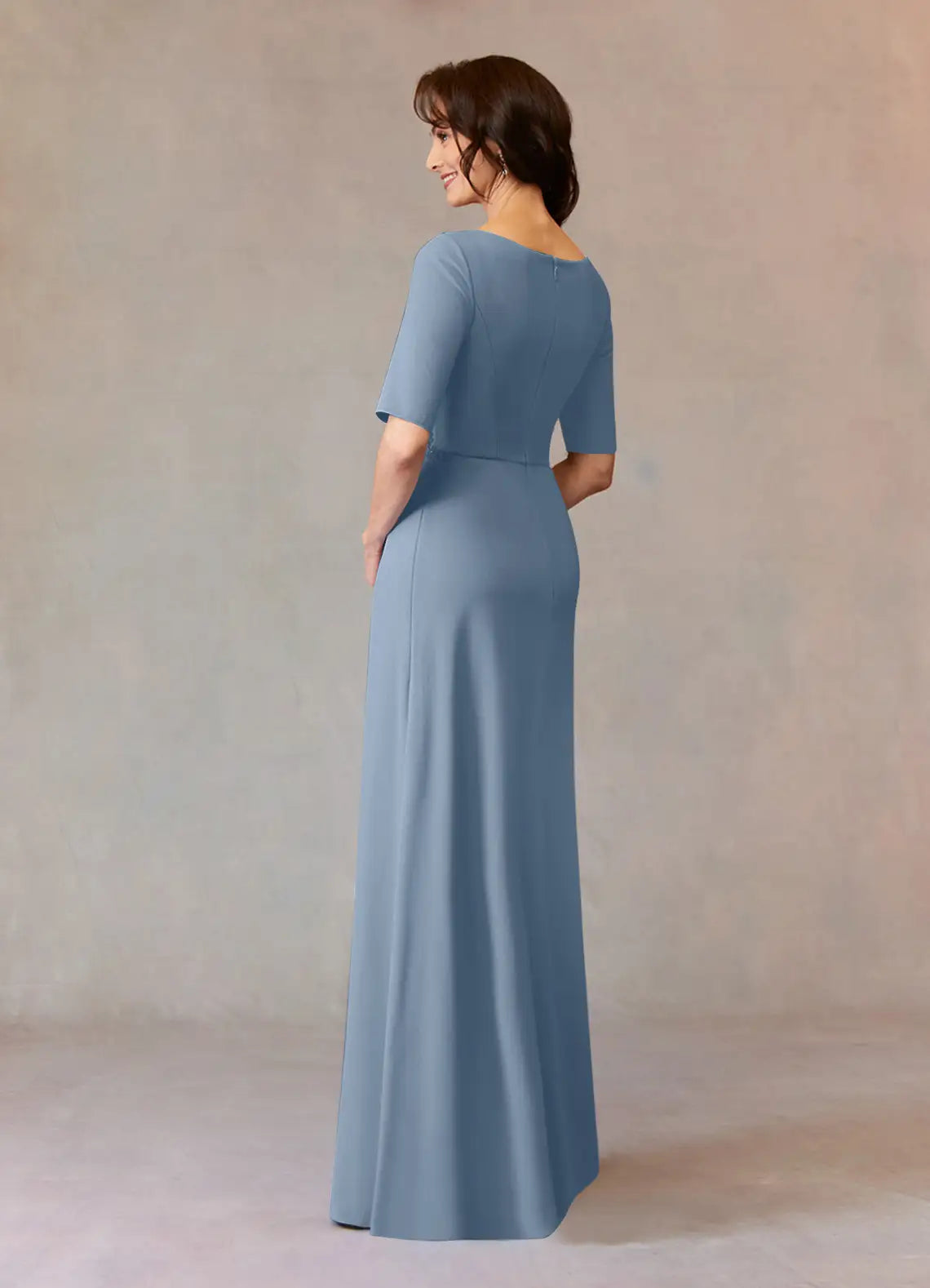 Blue Dusty A-Line Sequins Mother of the Bride Dress with Waistband Boat Neckline Elbow Length Sleeves